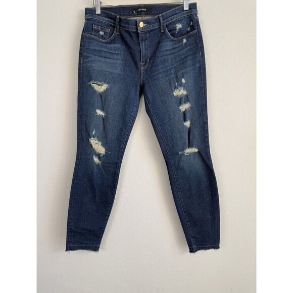 J Brand Cropped Jeans Women's 31 Blue Demen Trou Mid Rise Dark Wash Distressed - Picture 1 of 10